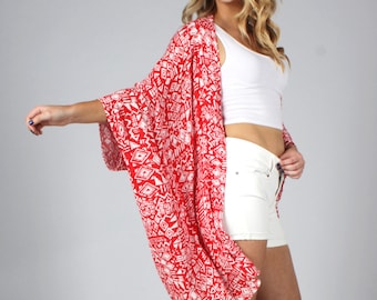 Kimono, Boho Kimono, Red and White Kimono, Swimsuit Coverup, Kimono Coverup, Hippie, Oversized Coverup, Tribal Kimono, Primitive Design