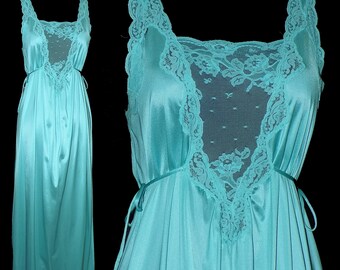 Vintage Long Teal Nightgown by Lorraine 1970s - Size Small