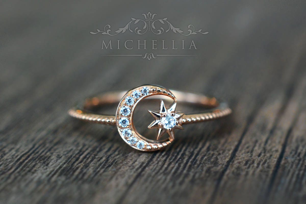 Solid Gold Diamond Moon and Star Ring Promise Ring