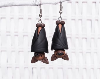 Bat Earrings, Polymer Clay Bat Earrings, Handmade Clay Bat Earrings, Flying Fox Earrings, Animal Clay Earrings, Halloween Earrings, Bat Clay