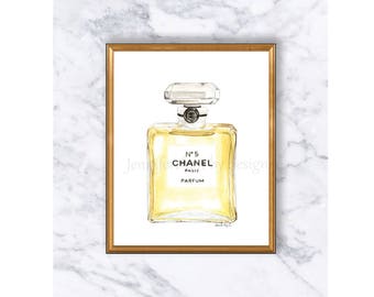 Chanel No. 5 Parfum. (watercolor), wall art, 5x7, 8x10, prints, lifestyle, artwork, fashion, illustration, Coco, Paris, perfume