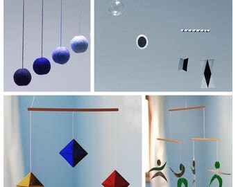 Munari, Gobbi, Octahedron, Dancer Mobile. Set of 4 Montessori inspired mobiles. Essential Montessori mobiles. Classic Montessori mobiles.