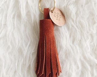 Brick leather suede tassel keychain with personalized hand stamped tag