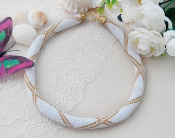Anniversary gift for wife Chunky delicate necklace Unique elegant White tribal jewelry Wedding gift for bride Beaded crochet necklace white