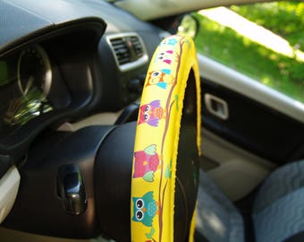 Owls steering wheel cover Sunny car accessory for woman Great gift for her One size fit to all Cute and beautiful yellow car decoration