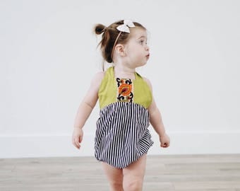 Key Lime Green Striped Romper, Boho Romper, Baby Shower, New Baby, Romper, Baby Girl Outfit, Jacquard Trim, Summer Outfit, Romper Snaps
