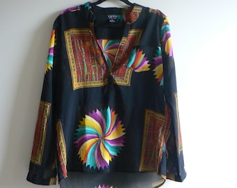 80s Sheer Rainbow Tropical Shirt - Geometric 80s Top - Women's L