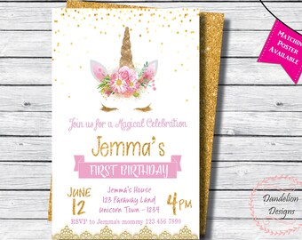 Unicorn birthday invitation, Unicorn Invitation, Unicorn Party, 1st birthday invite, Gold Glitter, Unicorn birthday, Glitter unicorn face
