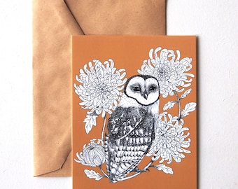 owl postcard, owl card, flower stationery, owl print, chrysanthemum card, a6 bird print, elegant stationery, vintage color, for her
