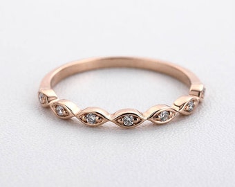 Rose Gold wedding band women Art deco diamond ring vintage Marquise Minimalist Half eternity band Bridal antique dainty Stacking Promise