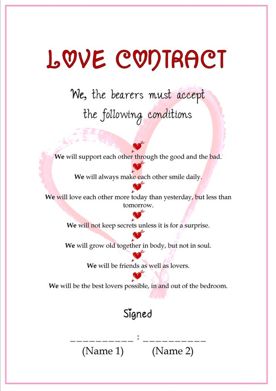 PERSONALIZED A4 LOVE CONTRACT Perfect for Valentines Wedding