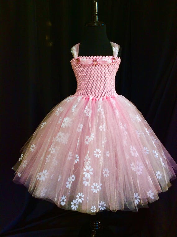 Pink princess tutu dress with white flowers birthday dress