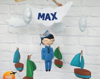 Ship mobile, Ocean mobile, Sailboat mobile, Personalized garland, Boys baby mobile, Sailboat room decor, Boys bedroom name, White mobile