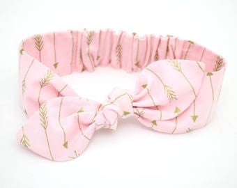 Baby girl headband, topknot baby, baby turban, baby bows, cotton knotted headband, toddler headband, baby headband, pink and gold arrows