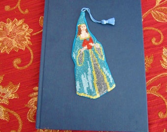 Handmade embroidered bookmark, hand embroidered with 100% cotton threads, with blue lining and pompon, Medieval princess reading a book
