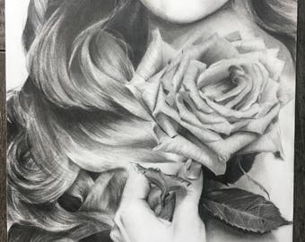 Original Graphite Pencil Drawing: Girl with a Rose