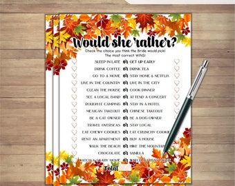Would She Rather Bridal Shower Game - Fall Leaves Printable Bridal Shower Game - Bachelorette Party Night Hen Party Game, Autumn Leaves FL74