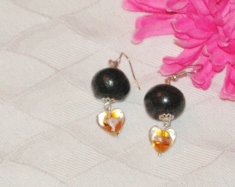 Sequined black polymer clay, glass heart bead earrings
