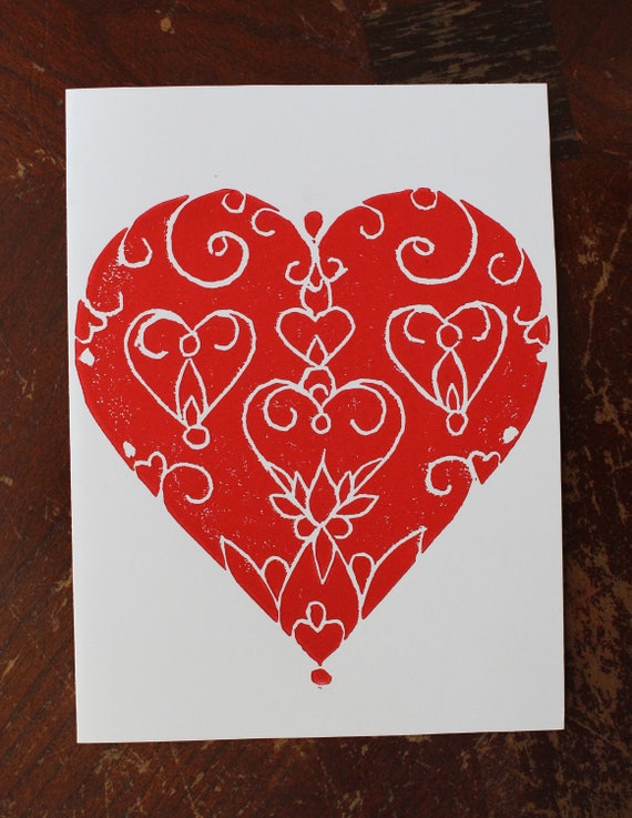 Handprinted Heart Linocut Cards