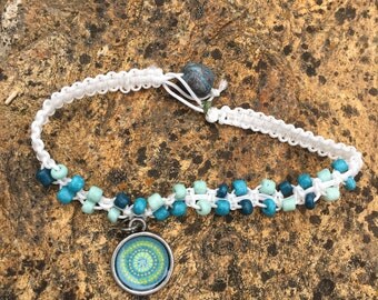 Beach Blue and White Macrame and Bead Bracelet