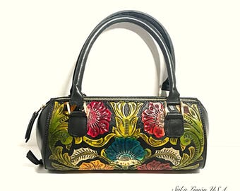 Hand Tooled Clutch/ Carved Clutch/ Hand painted Small Purse/ Black Clutch