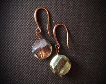 Nickel free Copper ear wires with green glass