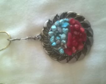 Handmade 30mm pendant of Turquoise and Coral in Bronze setting w/18" Bronze Chain