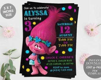 Trolls Editable Birthday Invitation Template, DIY Printable Invitation, Trolls Digital Invitation, Trolls poppy, PDF Instant Download