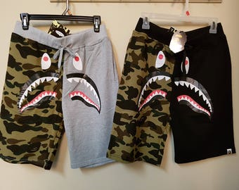 A Bathing Ape Bape Shark Mouth Camo Gray Black Sweats Shorts Brand New Fast US Shipping Handmade