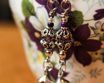 Mini Purple Crystal Earrings with Silver Tone Rose Dangling Boho Gypsy Style