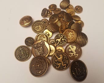 Vintage 1950's 60's Button Lot, Medieval Crest Griffin Brass 41 pieces, Sewing Coat