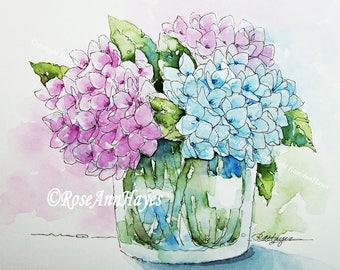 Watercolor Painting Print Hydrangeas Flowers Floral Garden Bouquet