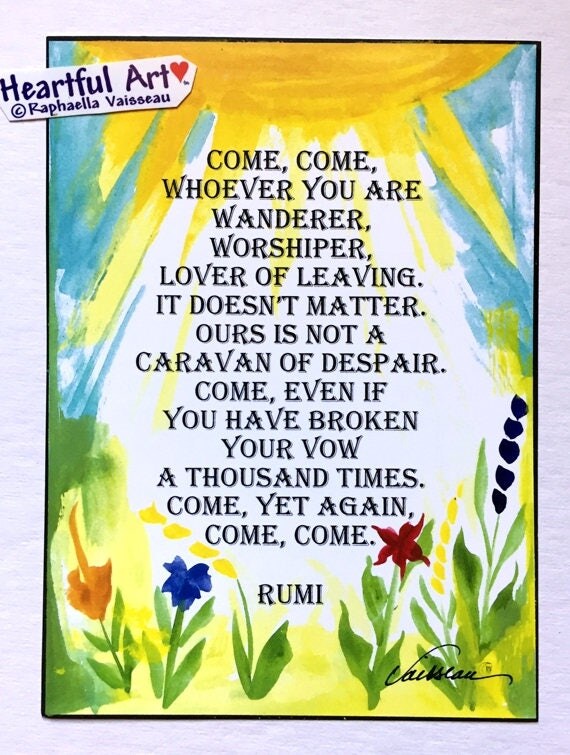 COME Come Whoever You Are 5x7 RUMI Inspirational Poster Yoga