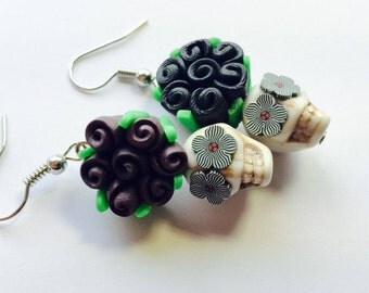 Sugar Skull Earrings Black and White Day of the Dead Roses and Sugar Skulls