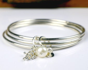 Triple sterling silver bangle with pearls and charm, white freshwater potato pearls, three silver bracelets, charm bangle, gift for women