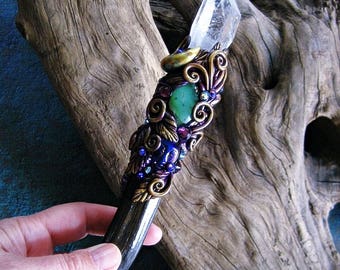 Magic Crystal Wand Quartz Chrysoprase Druzy Agate Wiccan Witchcraft Magick Pagan Altar Art SINGERS OF INTUITION by Spinning Castle