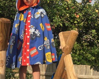 Boy's vintage upcycled Lego minifigures Cops and Robbers Super Hero Cape Lego City dress up fancy dress costume textiles Age 4 5 6 7 years