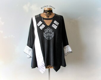 Plus Size Clothing Women's Art Shirt Funky Grey Sweatshirt Painted Top Re-Used Necktie Tie Loose V-Neck Tunic Altered Couture 2X 'SASHA'