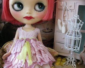 BLYTHE DRESS - Vintage Styled Shabby Elegance Tattered/Layered/Hand-Dyed Silk Dress - Amethyst, Chartreuse Sash, Amethyst Flowers