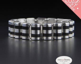 Vintage Mexican Sterling Silver Onyx Bracelet, Sterling Silver, Onyx Inlay, Barrel Style, Mexican Jewelry, Gomez, Taxco Bracelet, Modernist