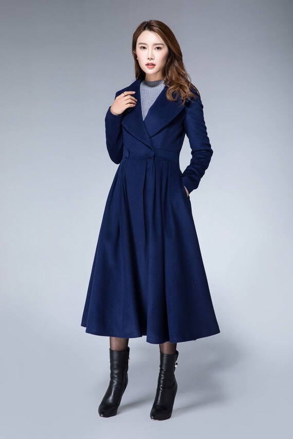 woman long coat Navy coat long wool coat trench coat