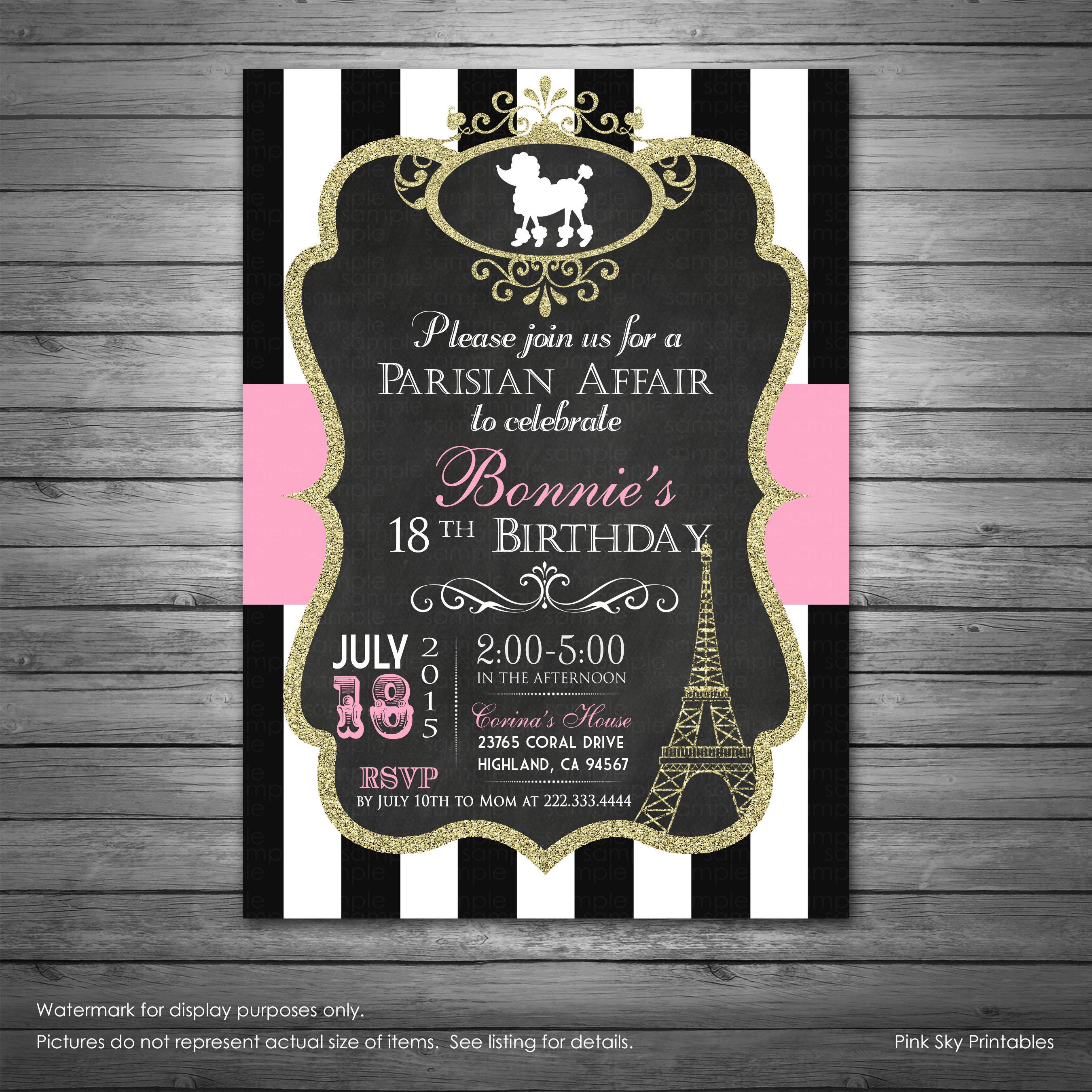 Paris Birthday Invitation Printable File DIY Pink Polka