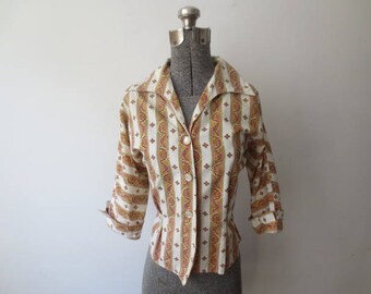Vintage '50s Striped Cotton Blouse w/ Nipped Waist & 3/4 Length Sleeves! Med/Large, 38 Inch Bust