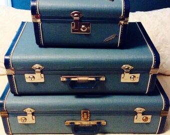 Mid Century Luggage Set Blue Train Case Carry On Suitcase Neevel Wayfarer
