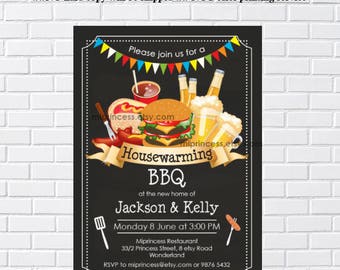 housewarming invitation, bbq invites, New house Housewarming BBQ gathering party Invitation, Chalkboard Backyard, Barbecue - card 443