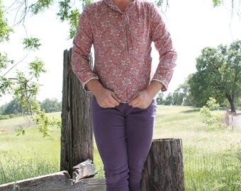 PAISLEY Button Down Shirt Vintage 1970's Blouse Rose Floral Print Crochet Lace Trim