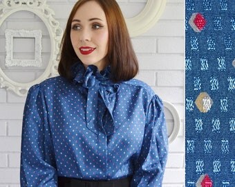 Vintage Blue Blouse with Diamond Print Ruffled Collar and Neck Tie Union Made Size Medium or Large
