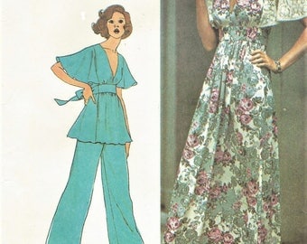 1970s Womens Flutter Sleeve Empire Waist Maxi Dress or Tunic & Pants Simplicity Sewing Pattern 6710 Size 14 Bust 36 FF Vintage Patterns