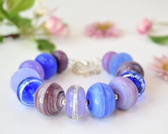 Purple and blue bracelet, lampwork bracelet, purple glass bracelet, murano glass bracelet, blue bracelet, bohemian bracelet, sra lampwork