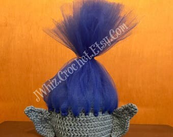 Crochet Branch Troll Hat, Size Newborn, 3 Month, 6 Month, 12 Month, 2T, 3T, 4T, 5T, Adult, Teen, Child, Trolls Costume, Tulle Wig Hat